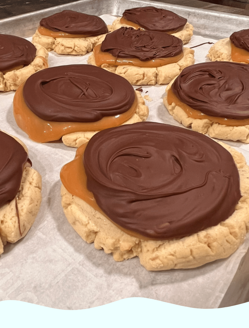 Gluten Free cookie topped with caramel and then a layer of chocolate