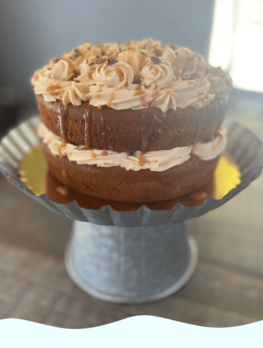 Two layer gluten free cake on a cake tier